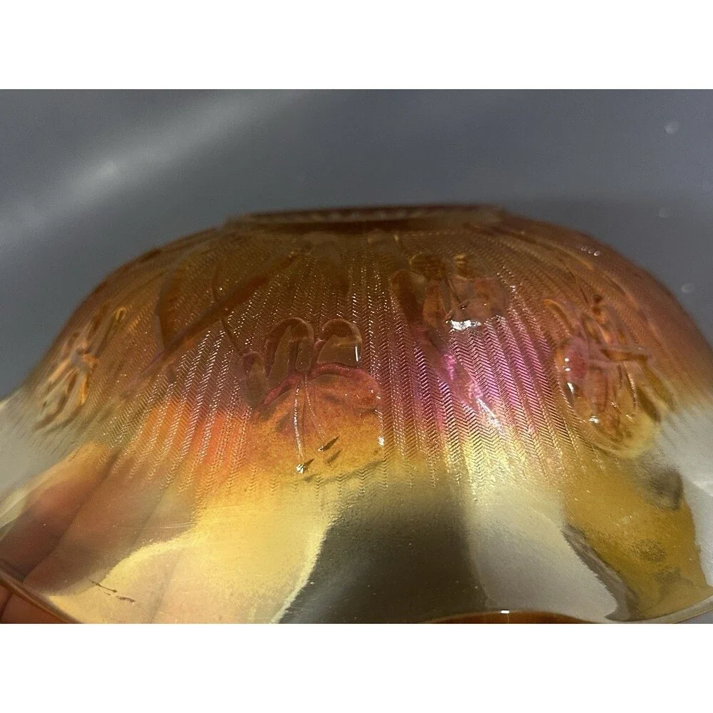 Jeannette Iris & Herringbone Pink Iridescent Footed Bowl Carnival Glass Vintage